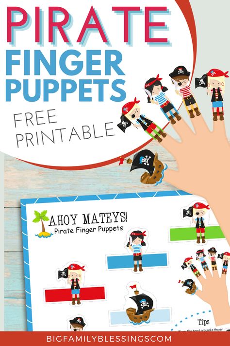 If your kids like pirates, they will love these adorable printable pirate finger puppets from Big Family Blessings. These puppets are sure to provide your children with hours of imaginative play. Cut out the pirate and tape the band around your child's finger. Then, watch as their imagination comes to life. Pirate Finger Puppets, Pirate Printables Free Templates, Finger Puppets Printable, Pirate Activities Preschool, Pirate Week, Pirate Printables, Pirate Songs, Pretend Play Printables, Family Blessings