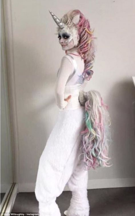 Dressing up! The presenter, 36, was almost unrecognisable in her mythical outfit, which sh... Diy Unicorn Costume, Unicorn Costume Kids, Halloween Juice, Silver Bodysuit, Unicorn Halloween Costume, Childhood Dream, Unicorn Outfit, Diy Kostüm, Unicorn Makeup