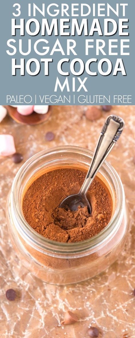 3 Ingredient Sugar Free Hot Chocolate Cocoa Mix (V, GF, Paleo)- Easy, healthy, creamy hot chocolate mix perfect for gifting and made with NO nasties or fillers- Just add water or milk! {vegan, gluten free, paleo recipe}- thebigmansworld.com Hot Chocolate For Diabetics, Homemade Sugar Free Hot Chocolate, Whole 30 Hot Chocolate, Sugar Free Cocoa Mix Recipe, Healthy Hot Cocoa Mix Recipe, Homemade Sugar Free Hot Cocoa Mix Recipe, No Sugar Hot Chocolate Recipe, Low Sugar Hot Chocolate Recipe, Sugar Free Hot Chocolate Mix Recipe Dry