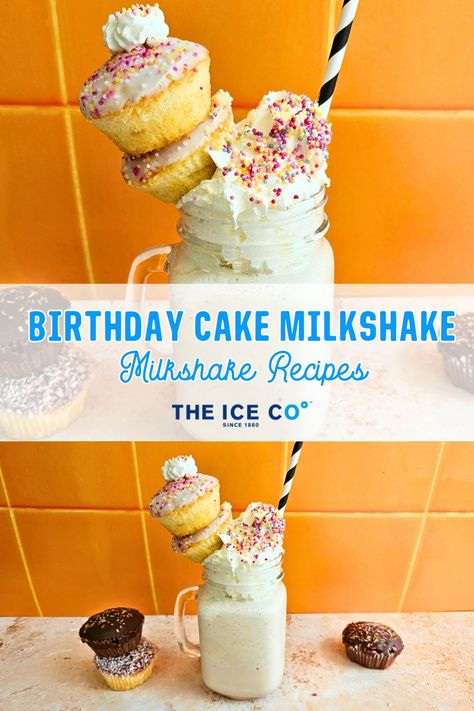 birthday cake flavoured milkshake in a kilner jar topped with cupcakes, whipped cream and colourful sprinkles Cake Shake Recipe, Recipes Milkshake, Birthday Cake Shake, Milkshake Ideas, Birthday Cake Milkshake, Cake Milkshake, Cake Shake, Birthday Recipes, Cake Mix Cupcakes