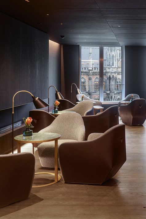 Perfect workmanship and craftsmanship in upholstery: striking saddle leather and fine fabrics meet up in clear, flowing lines with this chair of exceptional size. Inviting in hotels, showrooms, and living rooms, as a standalone piece or in a group with the corresponding table or basket. Photo: Roland Halbe #lobby #lounge #hotelroomdesign #walterknoll #furniture #interior #armchair #loungechair #architonic #chairs #furnituredesign #interiordesign #homedecor #productdesign #chairdesigns #interiors Hotel Lobby Seating Area, Hotel Lounge Design, Hotel Lounge Seating, Hotel Lobby Seating, Lobby Lounge Design, Hotel Lobby Chairs, Lounge Airport, Hotel Lobby Furniture, Lobby Chairs