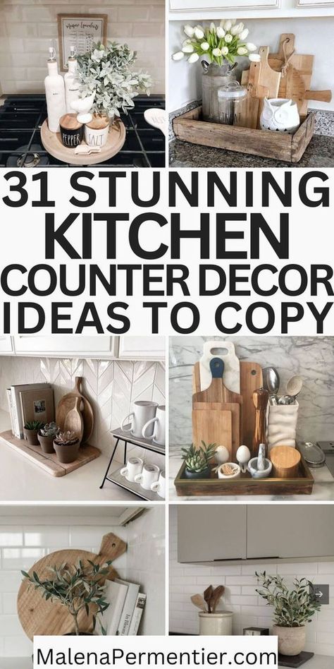 Bringing you the best kitchen countertop decor ideas! These 31 kitchen counter ideas are practical and beautiful, and don't break the bank. Also sharing: kitchen counter styling ideas, ways to decorate your kitchen countertop that makes sense for the space, and cute ways to add a decorative touch even on a small kitchen counter. Kitchen Counter Styling Ideas, Kitchen Counter Ideas, Kitchen Countertop Decor Ideas, Small Kitchen Counter, Kitchen Counter Design, Countertop Decor Ideas, Counter Decor Ideas, Kitchen Staging, Counter Ideas