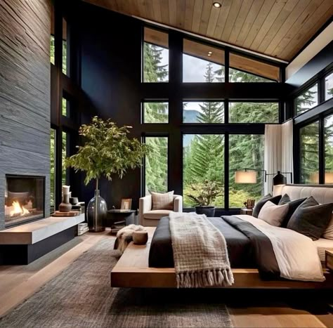 Mountain Modern Primary Bedroom, Black White Wood Bedroom, Cathedral Bedroom, Bedroom With Fireplace Master, Modern Contemporary Homes Interior Decor, Open Concept Bedroom, Dream Cottage Interior, Modern Mountain Bedroom, High Ceiling Bedroom