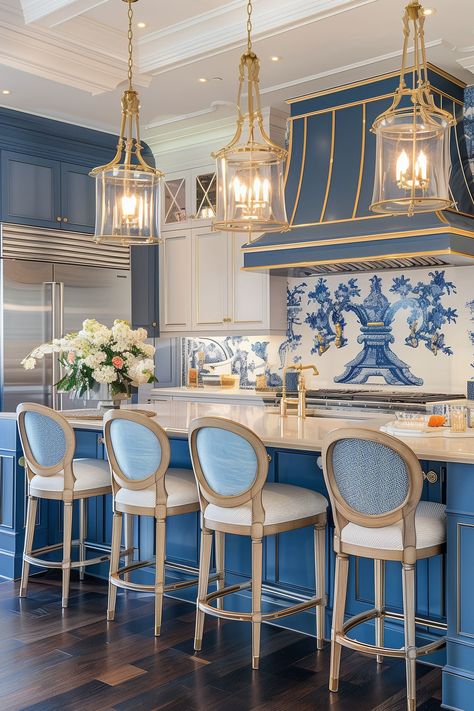 21 French-Style Kitchen Ideas for Your Home - Remodr Blue Willow Kitchen Ideas, French Blue Kitchen Island, Light Blue Cabinets Kitchen French Country, French Nautical Decor, Blue And White French Country Kitchen, French Cabinets Kitchen, Kitchen Blue Accents, Light Blue And White Kitchen, French Cafe Kitchen