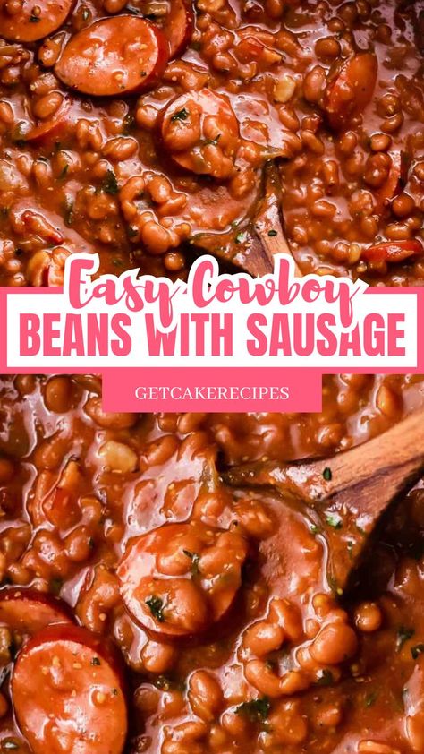 This may contain: a bowl of a mix of beans, sausage, a flavorful sauce, and a Wooden spoon. Smoked Sausage Cowboy Beans Recipe, Baked Beans And Smoked Sausage, Cowboy Beans With Hamburger And Sausage, Baked Beans With Smoked Sausage, Crockpot Baked Beans With Sausage, Dinner Recipes Using Smoked Sausage, Appalachian Soup Beans, Crockpot Beans And Sausage, Baked Beans Sausage