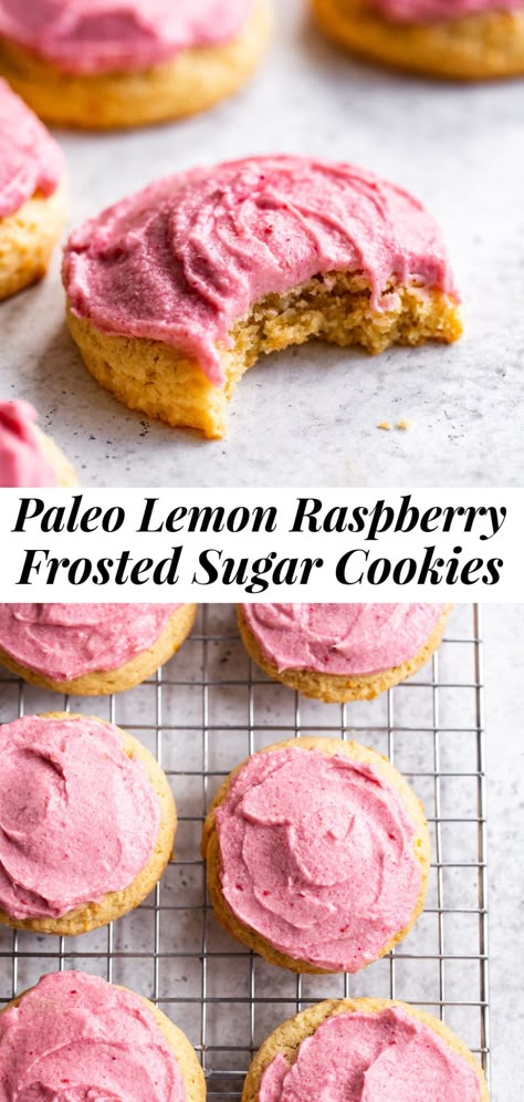 Paleo Crumbl Cookie, Paleo Cookie Frosting, Paleo Raspberry Recipes, Paleo Sugar Cookie Recipe, Paleo Cookie Recipes, Raspberry Frosting Recipe, Paleo Easter, Paleo Sugar Cookies, Health Cookies