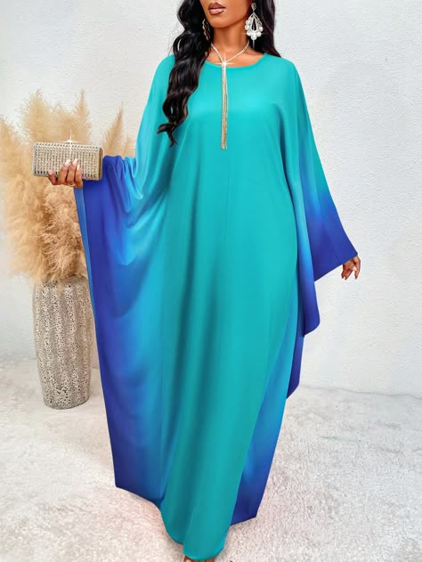 Latest Long Gown Design, Kaftan Dresses, Bubu Dresses, Ombre Dresses, Blue Summer Evening Kaftan, Vibrant V-neck Kaftan For Summer, Boubou Gown Styles, Blue Long Abaya For The Beach, Ombre Kaftan Dress