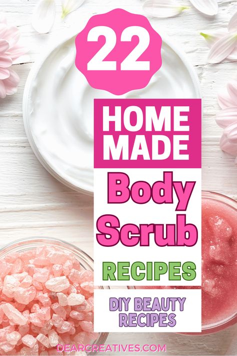 22 Body Scrub Recipes To Make At Home! - Use these homemade body scrub recipes to make for yourself or to make DIY beauty gifts. Get a body scrub recipe to make at home it is easier than you think! Find all the DIY beauty recipes at DearCreatives.com (image of sea salt, homemade body scrub, flowers, natural coconut oil... Text saying 22 homemade body scrub recipes - DIY Recipes at DearCreatives.com) Making Body Scrubs Homemade, Body Scrubs Homemade, Diy Body Scrubs, Body Scrub Recipes, Oatmeal Coffee, Body Scrub Homemade Recipes, Diy Beauty Gifts, Scrub Recipe Diy, Recipes To Make At Home