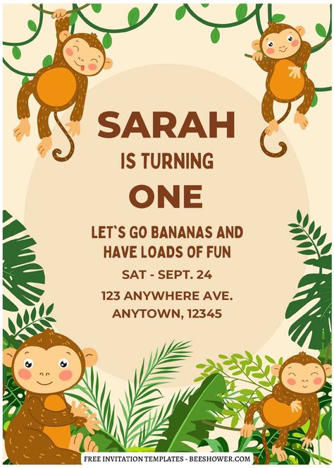 Free (Free Editable PDF) Wild Jungle Monkey Baby Shower Invitation Templates Jungle Theme Invitation Template, Wild One Invitation Template, Jungle Safari Birthday Invitation, Wild One Invitation Zazzle, Monkey Birthday Party, Monkey Invitations, Jungle Birthday Invitations, Jungle Monkey, Party Decoration Items