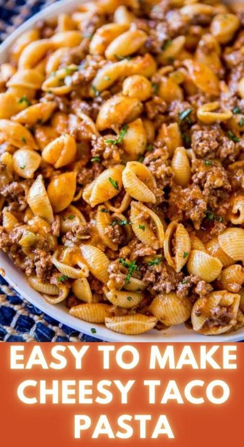 Taco Hamburger Helper, Hamburger Pasta Recipes, Taco Hamburger, Hamburger Noodle Casserole, Taco Pasta Recipe, Cheesy Taco Pasta, Taco Mac And Cheese, Taco Pasta Recipes, Cheesy Enchiladas