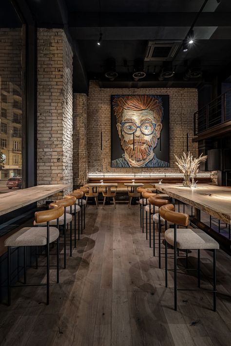 Follower | Restaurant & Bar on Behance Sizzling Restaurant Interior, Modern Industrial Restaurant, Restaurant Concept Ideas, Rustic Restaurant Interior Design, Burger Restaurant Design, Restaurant Cafe Design, Brick Restaurant, Rustic Restaurant Interior, Restaurant Details