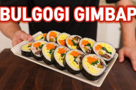 Bulgogi Gimbap (Kimbap) Bulgogi Gimbap, Kimbap Recipe, Spicy Korean Food, Korean Appetizers, Mat Inspiration, Rice Rolls, Korean Dessert, Korean Side Dishes, Pickled Radishes