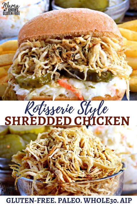 Aip Instant Pot Chicken, Aip Crockpot Recipes Chicken, Aip Crockpot Chicken, Rotisserie Shredded Chicken Recipes, Moist Shredded Chicken, Rotisserie Seasoning, Aip Chicken, Shredded Chicken Sandwiches, Gluten Free Crock Pot Recipes