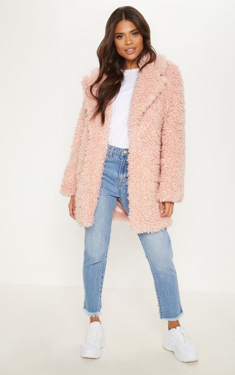 Pink Teddy Faux Fur Coat Pink Jacket Outfit, Faux Fur Coats Outfit, Pink Teddy Coat, Pink Faux Fur Coat, Pink Fur Coat, Faux Fur Material, Cute Coats, Puffy Coat, Pink Teddy