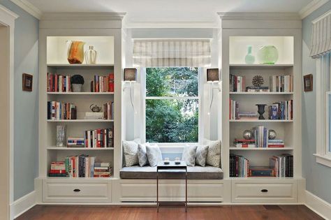 built-in shelves DIY | built-in Bookshelves Unique Built In Bookshelves, Built In Window Seat, Home Library Rooms, Window Seat Design, Window Benches, Shelves Diy, Home Library Design, Built In Bookcase, Trendy Home