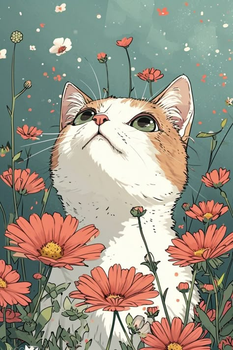 Flower Cat Drawing, Crisantemo Tattoo, Kawaii Cat Drawing, Cat With Flowers, Cat Phone Wallpaper, Cat Art Illustration, Graphic Novel Art, Cat Artwork, Fluffy Cat