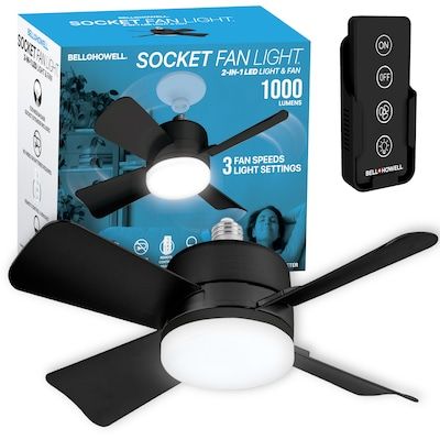 BELL + HOWELL Socket Fan 15.7-in Black with Matte Blades LED Indoor Flush Mount Ceiling Fan with Light and Remote (4-Blade) in the Ceiling Fans department at Lowes.com Bedroom Ceiling Fan Light, Wooden Fan, Kitchen Updates, Flush Mount Ceiling Fan, Black Ceiling, Ceiling Fan With Remote, Screw It, Fan Speed, Remodels