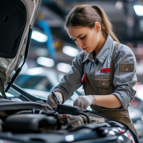 Mechanic at Work: A focused female mechanic carefully inspects the engine of a vehicle in a well-lit garage. #mechanic #female #car #engine #work #professional #garage #inspection #aiart #aiphoto #stockcake https://ayr.app/l/CTGc Mechanic Aesthetic Female, Mechanic Pose, Mechanic Photoshoot, Mechanics Photography, Mechanic Aesthetic, Girl Mechanic, Mechanic Girl, Female Mechanic, Mechanics Aesthetic