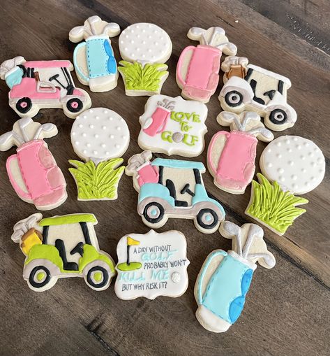 Golf Bag Cookies Decorated, Golf Cart Cookies Decorated, Golf Gender Reveal Cookies, Golf Cookies Decorated, Golf Gender Reveal, Golf Cupcakes, Golf Cookies, Golf Baby Showers, Baby Party Themes