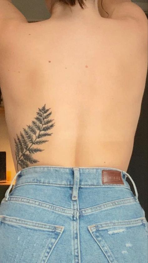 Fern Back Tattoo Women, Nature Lower Back Tattoos, Fern Tattoo Ribcage, Plant Tattoo Side Rib, Thigh Fern Tattoo, Fern Tattoo Neck, Fern Tattoo Ribs, Beargrass Tattoo, Nature Calf Tattoo