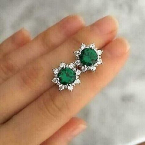 (eBay) Find many great new & used options and get the best deals for Pretty 3Ct Round Cut Simulated Green Emerald Stud Earrings 14k White Gold Plated at the best online prices at eBay! Free shipping for many products! Emerald Stud Earrings, Emerald Halo, Diamond Tops, Earrings Emerald, White Gold Earrings Studs, Emerald Earrings Studs, Gold Jewellery Design Necklaces, Gold Earrings Designs, Gold Necklace Designs