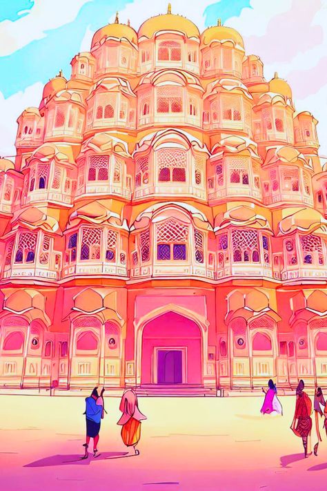 Hawa Mahal, the Palace of the Winds Hawa Mahal Aesthetic, Jaipur Sketch, Hawa Mahal Illustration, Jaipur Illustration, Udaipur Illustration, Hawa Mahal Painting, Jaipur Palace Illustration, Rajasthan Fort Paintings, Jaipur Art