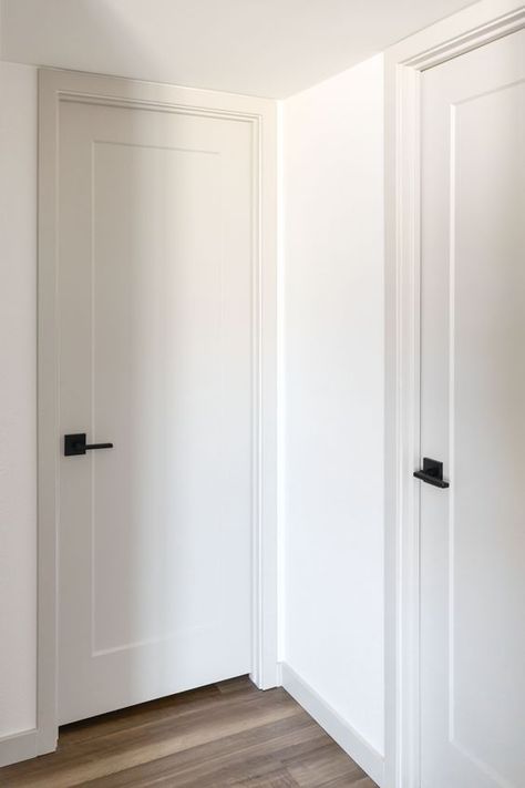 Simple Doors Design, Black Interior Hardware, Organic Modern Closet Door, Interior Door Farmhouse Style, Door Inspiration Interior, Hallway Ideas Doors, Hallway Bedroom Doors, House Interior Neutral Colors, Alabaster Vs Classic Grey