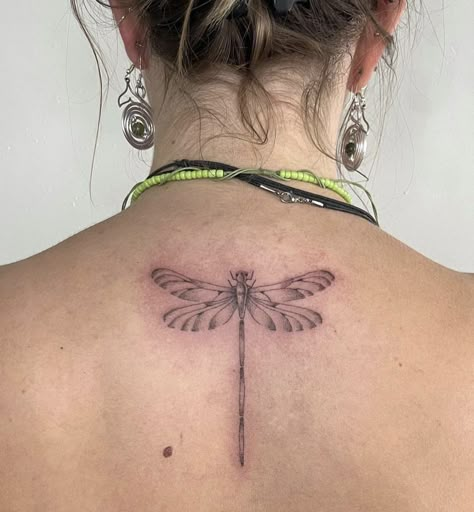 Dragonflies And Flowers Tattoo, Dragonfly Back Of Neck Tattoo, Dragonfly Tattoo On Shoulder, Back Dragonfly Tattoo, Dragonfly Underboob Tattoo, Dragonfly Shoulder Tattoo, Dragon Fly Spine Tattoo, Dragon Fly Tattoo Back, Dragon Fly Back Tattoo