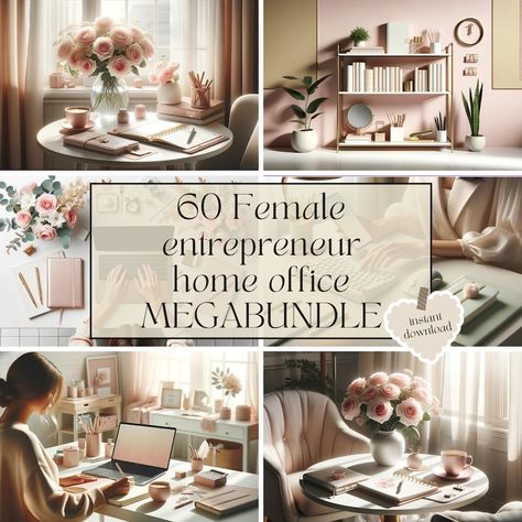 60 Feminine Workspace Ladyboss Female Entrepreneur Home Office Stlyed Stock Photos Megabundle With PLR and MRR Ready to Resell Digital Files - Etsy Bougie Office Ideas, How To Decorate Your Office At Work, Female Office Ideas, Feminine Home Office Classy, Chic Office Desks, Feminine Office Space, Womens Home Office, Womens Home Office Ideas, Glam Office Decor