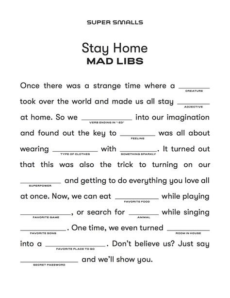 Free Printable - Kids Mad Lib Activity. Say some truly bonkers stuff with Super Smalls Mad Libs - a fun indoor activity or boredom buster for rainy day or summer boredom kids activity! #printables #boredombusters #kidsfun #funideas Mad Libs For Work, Mad Libs Funny, Mad Libs Printable, Mad Libs For Kids Printables Free, Mad Libs For Kids, Free Mad Libs, Mad Lips, Funny Mad Libs, Kids Mad Libs