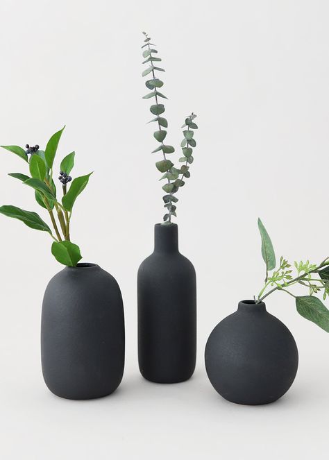 Black Ceramic Bud Vases | Vase Sets for Home Styling | Afloral.com Black Bud Vase, Matte Black Vase, Black Flower Vase, Vase Set Of 3, Black Vases For Centerpieces, Black And White Vases, Ceramic Bud Vase, Black Ceramics, Black Vases