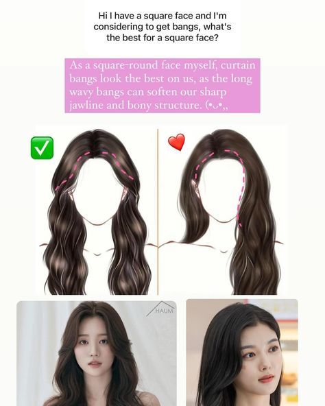 Haïr Style For Square Face, Haircut For Square Face Shape For Women, Curtain Bangs On Round Face, Hair For Square Face Shape, Square Face Shape Hairstyles, Heart Face Shape Hairstyles, Bangs For Square Face, Diamond Face Haircut, Korean Curls