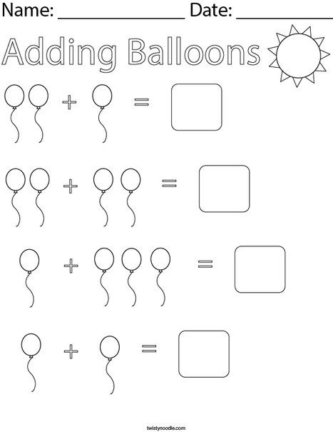 Adding Balloons Math Worksheet - Twisty Noodle Adding Preschool Worksheets, Simple Math Worksheets For Preschoolers, Worksheet For Jr Kg, Easy Math For Preschoolers, Simple Math For Preschoolers, Preschool Math Worksheet, Math Worksheet For Preschool, Math For Preschoolers Worksheets, Simple Addition Activities Preschool