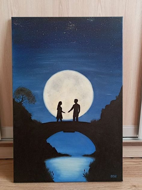 Romantic Painting Ideas Easy, Simple Romantic Painting, Romantic Easy Paintings, Relationship Paintings, Silhouette Painting Acrylic, Obraz Diy, Crafts To Do At Home, Diy Crafts To Do At Home, Love Canvas Painting