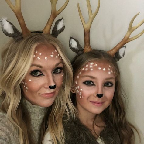 Diy Women’s Deer Costume, Reindeer Fancy Dress Diy, Easy Reindeer Costume, Deer Makeup Halloween Kids, Reindeer Makeup Kids Easy, Rudolph Costume For Women, Reindeer Costume Makeup, Rudolph Makeup Kids, Deer Face Paint Halloween