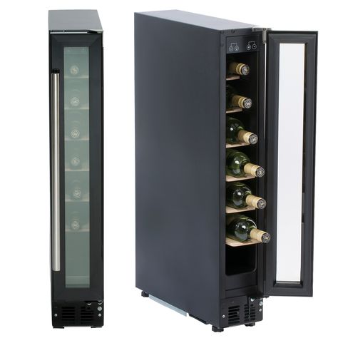 The SIA WC15BL is a 15cm wide, 7* bottle wine cooler that combines a stylish look with value for money. It comes with an easy-to-use digital control panel, an interior LED light and a temperature alarm that will alert you if the interior gets too warm. The wine cooler door opens left to right, but can be easily reversed to suit any kind of kitchen. FeaturesColour: blackLED digital displayTemperature alarmLED interior lightReversible doorTechnical SpecificationBottle storage capacity: 7*Net capac Undercounter Wine Cooler, Wine Cooler Fridge, Interior Led Lights, Bordeaux Wine, Cool Doors, Glass Front Door, Bottle Storage, Stainless Steel Doors, Beverage Cooler