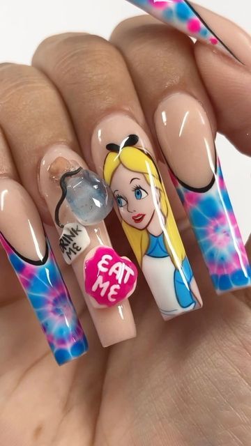 Devin Strebler - THENAILADDICT 💖🛸 on Instagram: "🌀🌈🍄Alice in Wonderland Nails!⁣ Surprise at the end 🤫🤯 ‼️FULL TUTORIAL ON MY CHANNEL‼️ 🤪🤪what do you think? What movie should I paint next?!?⁣ ⁣ 🌈 everything from @nailzbydevshop 🌈⁣ 💅🏻Products used:⁣ •pink sanding band 120 grit ⁣ •file & buffers⁣ •Y2K bit kit collection⁣ •XXL NO C CURVE coffin tips⁣ •BRUSHES: hella cute liner brush, slim shady blender brush, micro detailer brush, 3D carving tool, 3D brush, dotting tool⁣ •GEL POLISH: Le Nail Art Dessin, Coffin Tips, Alice In Wonderland Nails, Wonderland Nails, Cartoon Nail Designs, Nail Art For Beginners, Liner Brush, Dotting Tool, Slim Shady