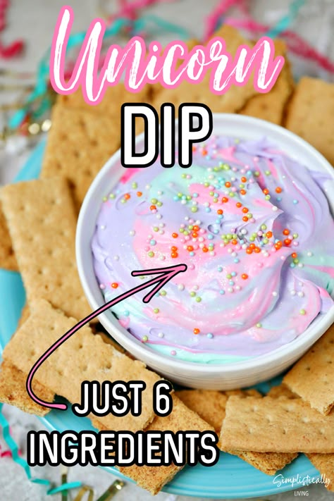 Unicorn Dip in a bowl Unicorn Mimosa Bar, Unicorn Themed Treats, Easy Unicorn Party Ideas, Unicorn Taco Party, Unicorn Pasta Salad, Sweet And Seven Birthday, Unicorn Lemonade For Kids, Food For A Unicorn Birthday Party, Two Unicorn Birthday