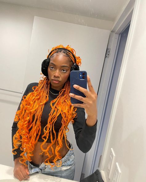 Black girl with ginger braids,winter aesthetic Neon Orange Braids, Orange Braids With Curls, Orange Braids Black Women, Black And Orange Braids, Black And Ginger Braids, Orange Braids For Black Women, Orange Box Braids, Orange Hairstyles, Orange Braids