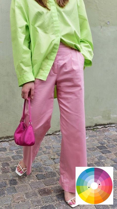 Lime And Pink Outfit, Complementary Colors Fashion, Lime Outfit, Lime Green Outfit, Lime Green Outfits, Green Outfits For Women, Pop Pop Shirts, Art Outfits, Pink Trousers