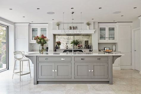 Tom Howley Kitchens on Instagram: “Our Marjoram paint colour adds depth to this shaker style design, combined with elegant polished chrome handles and polished quartz it…” Contemporary Grey Kitchen, Edinburgh House, Tom Howley Kitchens, Inframe Kitchen, Aga Kitchen, Gray Kitchens, Tom Howley, Baseboard Styles, Conservatory Kitchen