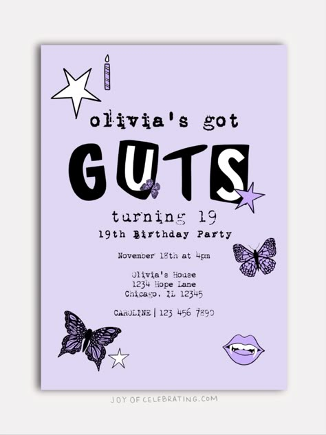 Invite Template Birthday, Birthday Party Themes Purple, Purple And Butterfly Party, Guts Birthday Party, Olivia Rodrigo Birthday Party Theme, Olivia Rodrigo Themed Party, Olivia Rodrigo Party Ideas, Olivia Rodrigo Party, Grunge Butterfly