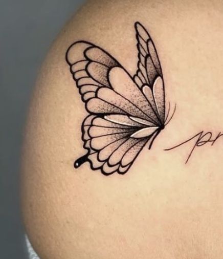 Names With Butterfly Tattoos, Sitting Butterfly Tattoo, Perched Butterfly Tattoo, Butterfly Tattoo Side View, Butterfly Shoulder Tattoos For Women, Feminine Shoulder Tattoos, Borboleta Tattoo, Butterfly Name Tattoo, Butterfly Tattoo Stencil