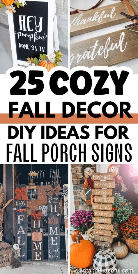 Looking for some inspo to deck out your front porch this fall? Check out these 25 cozy and chic DIY fall porch signs! From farmhouse vibes to rustic feels, there’s something for everyone. Your guests and neighbors will be totally smitten with these easy and charming front porch decor ideas. Don’t forget to save our tutorial, DIY porch sign in four easy steps and get answers to all your fall decorating questions! Let’s get festive! Fall Porch Signs, Shabby Chic Pumpkins, Fall Decor Signs, Pumpkin Patch Sign, Farmhouse Vibes, Fall Decor Diy Crafts, Fall Wood Signs, Neutral Fall Decor, Cozy Fall Decor