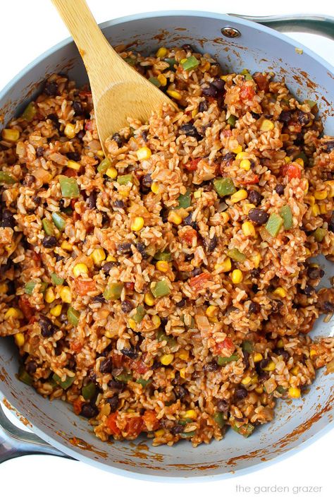 Fiesta Rice and Black Beans Rice And Black Beans Recipe, Fiesta Rice, Rice And Black Beans, Garden Grazer, Black Beans Recipe, Chipotle In Adobo Sauce, Vegan Ground Beef, Chipotle Crema, Recipes Rice