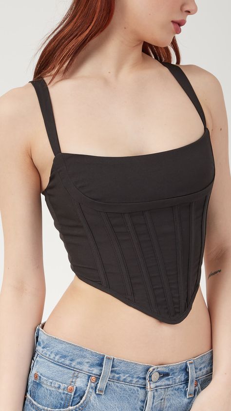 Sleeveless stretch polyester corset top in black. Square neck collar. Boning throughout. Zip closure at back. V-shaped hem. Silver-tone hardware. 95% Polyester, 5% Spandex Imported Hand Wash V Neck Corset, Neck Corset, Black Xs, Black Square, Neck Collar, Corset Top, V Shape, Square Neck, Spandex