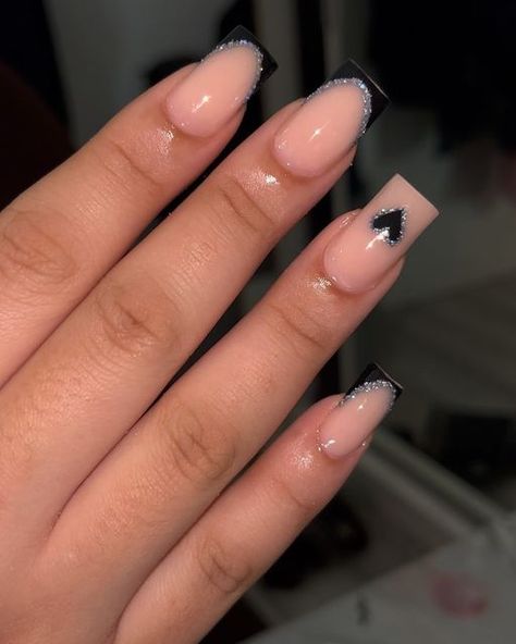 Formal Nails For Black Dress, Plain Acrylic Nails, French Tips Nails, Nails French Tips, Nails With Black, Prom Nails Silver, Tips Nails, Black French Tips, Formal Nails