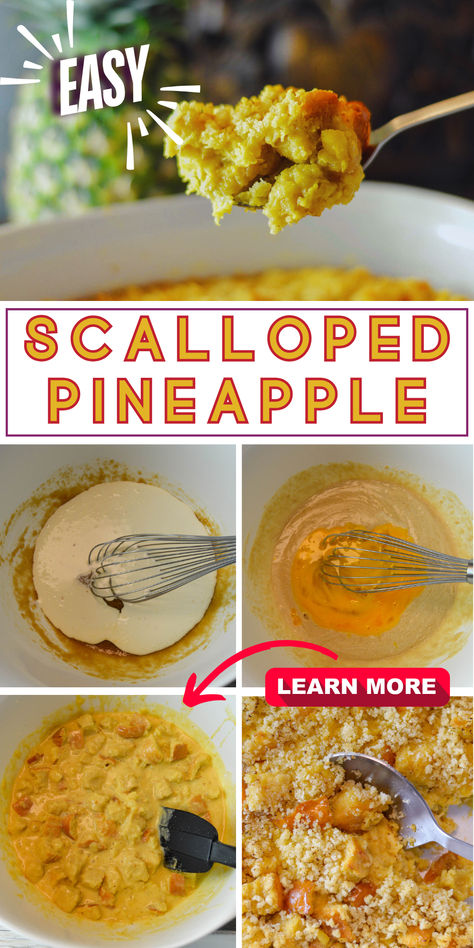 5 photos of scalloped pineapple, top on a spoon and lower 4 photos with steps shown. Scalloped Pineapple Recipes, Scalloped Pineapple Casserole, Scalloped Pineapple, Pineapple Casserole, Pineapple Delight, Pineapple Recipe, Pineapple Recipes, Holiday Side, Dinner Sides