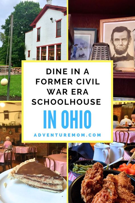 Historic School House Restaurant. With Text Reading: The Historic Schoolhouse Restaurant in Ohio. Day Trips In Ohio, Unique Adventures, Cincinnati Restaurants, Ohio Vacations, Cincinnati Chili, Vacation 2024, Ohio Travel, Summer Fun For Kids, Midwest Travel