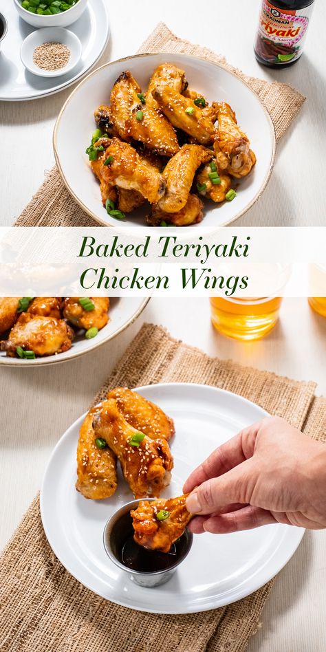 Baked Teriyaki Chicken Wings | These game day favorites are delicious and on the lighter side — baked, not fried! In this recipe, homemade chicken wings get a sweet and savory flavor boost from a pineapple sauce with Kikkoman® Teriyaki Marinade & Sauce. Toss the baked wings in the sauce and use more for dipping! This appetizer pairs well with other finger foods (like fresh vegetables, sweet potato fries, and breaded cauliflower bites) for a quick, easy, and kid-friendly family dinner. #Kikkoman Baked Teriyaki Chicken Wings, Teriyaki Chicken Wings Recipe, Homemade Chicken Wings, Teriyaki Wings, Teriyaki Chicken Wings, Baked Teriyaki Chicken, Crispy Baked Chicken Wings, Teriyaki Marinade, Chicken Wings Recipe